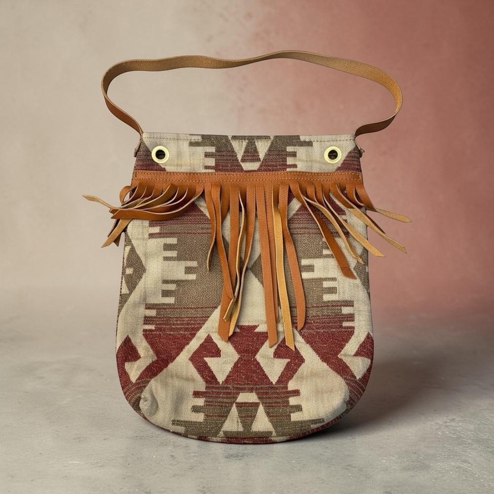 Boho Fringe Tribal Canvas Shoulder Bag - Tan & Burgundy